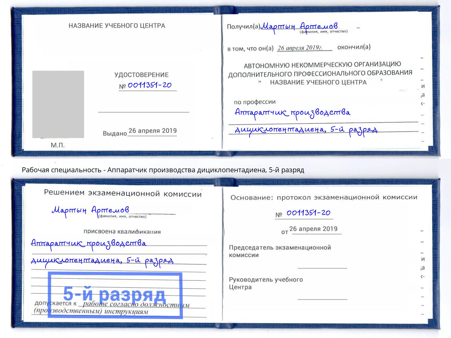 корочка 5-й разряд Аппаратчик производства дициклопентадиена Нижний Тагил