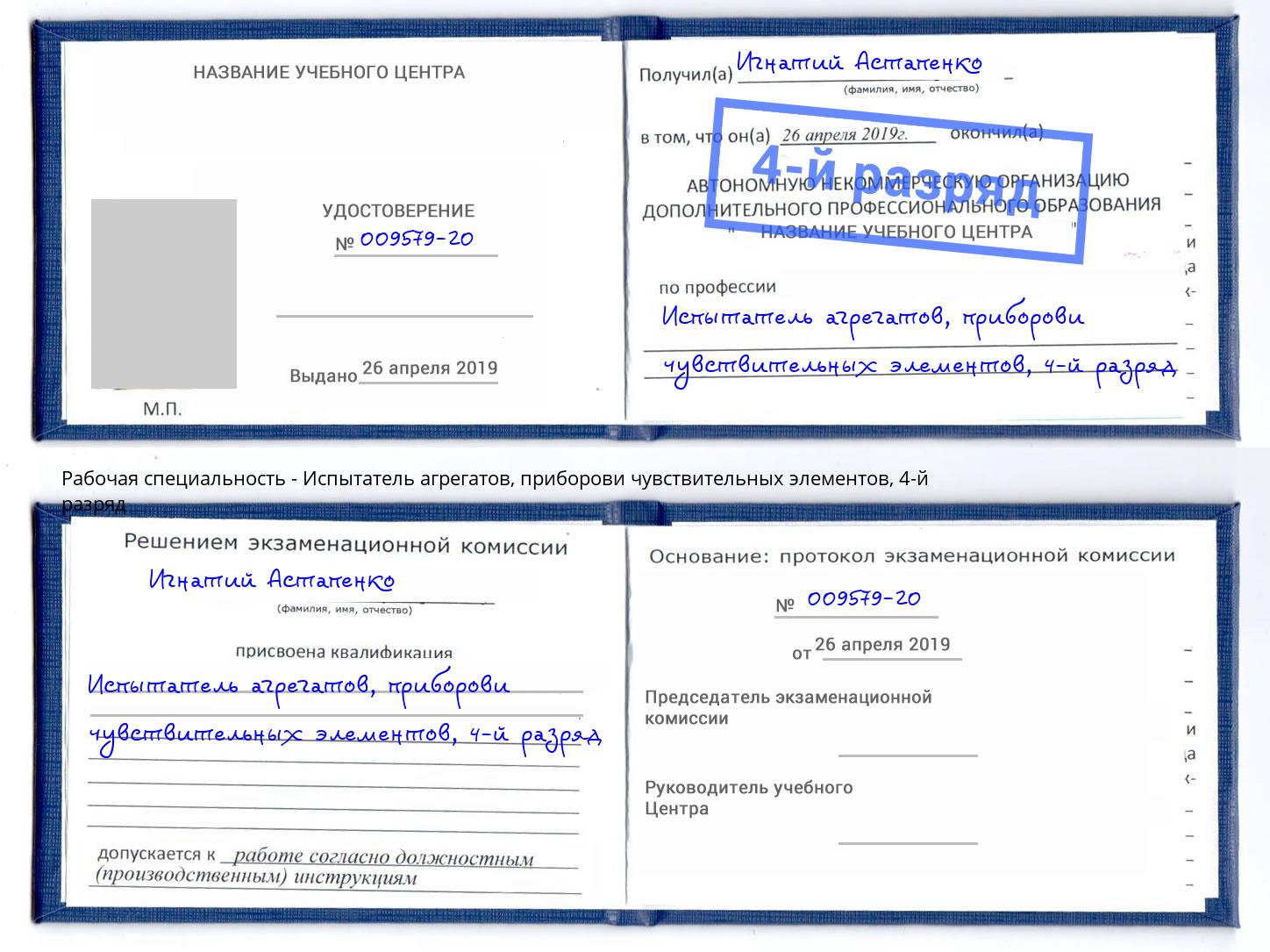 корочка 4-й разряд Испытатель агрегатов, приборови чувствительных элементов Нижний Тагил