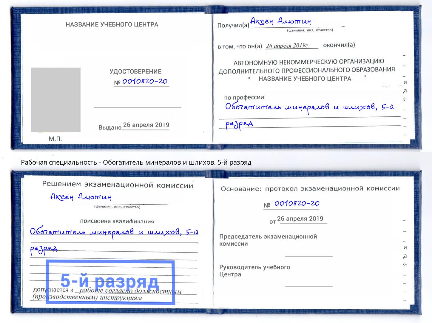 корочка 5-й разряд Обогатитель минералов и шлихов Нижний Тагил