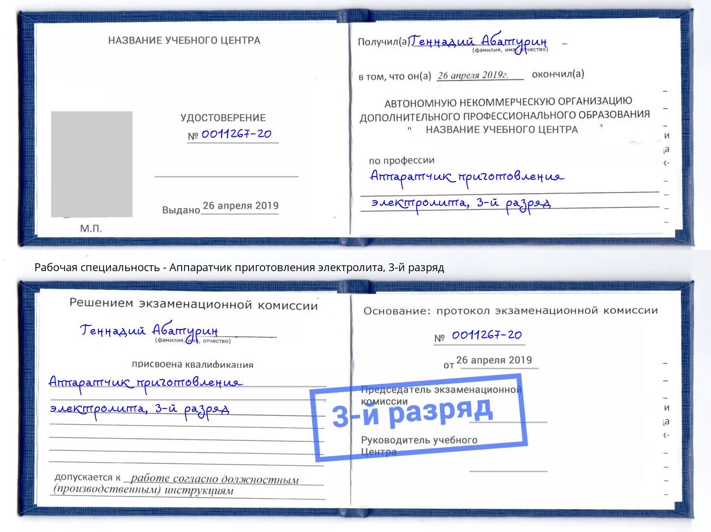 корочка 3-й разряд Аппаратчик приготовления электролита Нижний Тагил