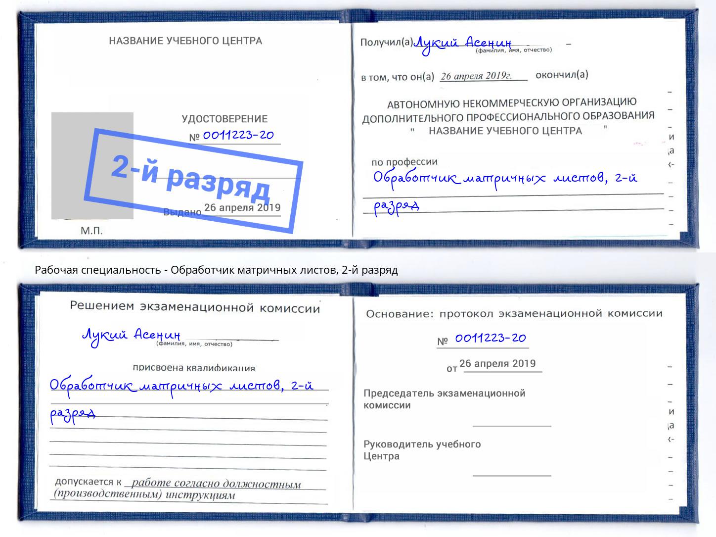 корочка 2-й разряд Обработчик матричных листов Нижний Тагил