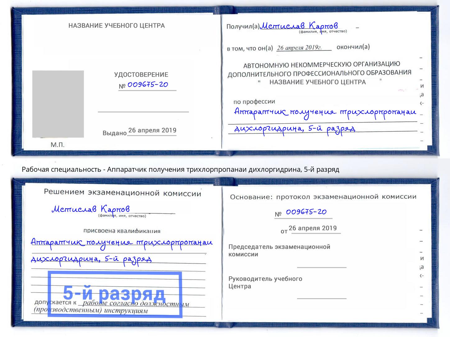 корочка 5-й разряд Аппаратчик получения трихлорпропанаи дихлоргидрина Нижний Тагил